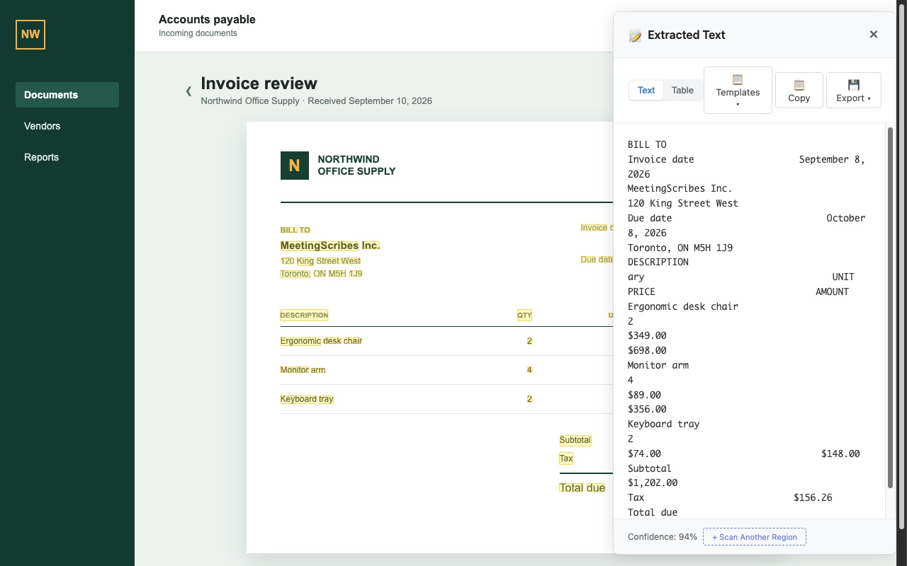 TextRay AI results panel showing locally recognized text beside a sample invoice